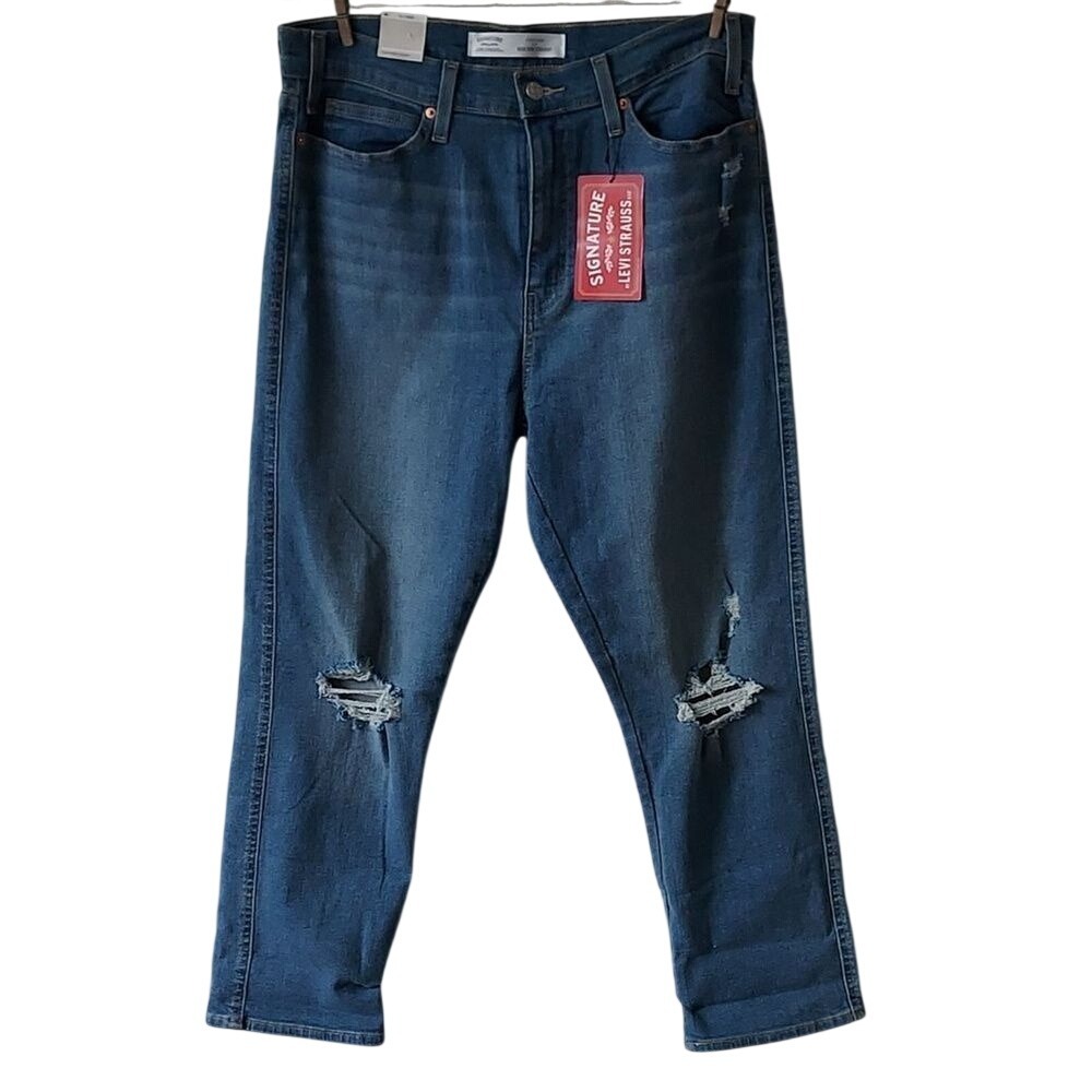 Signature by Levi Strauss Heritage High Rise Straight Distressed Jeans 14 Grunge